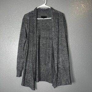 Black White Marled Open Front Cardigan Sweater Women’s Size M Draped Hem Lightwe